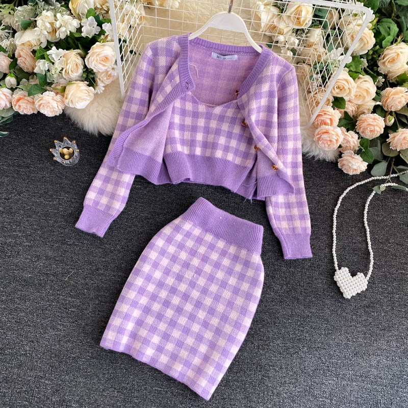 3Pcs Sets Girls Short Sweater Coat + Vest + Mini Skirt Suits Women Outfits Korean Sweet Knit Plaid Cardigans + Camisole + Skirts alx