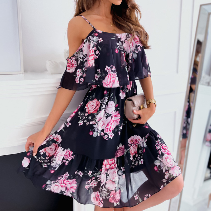 Women Floral Print Dresses 2022 Sexy Sling Drop Shoulder Ruffle Short Sleeve Loose Dress Summer Female Elegant Boho Party Dress alx