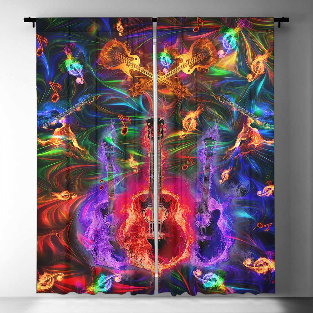 ViticStore™ Neon Burning Guitar curtains for home decor 3d all over printed woven fabric black out window curtains for decoration all size