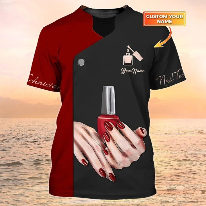 Nail Technician T Shirt Custom Nail Salon Uniform Manicurist Gift Black Red [Non Workwear]