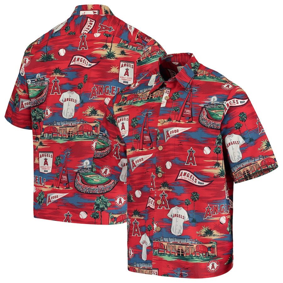 Los Angeles Angels Button-Up Scenic Hawaiian Shirt – Red