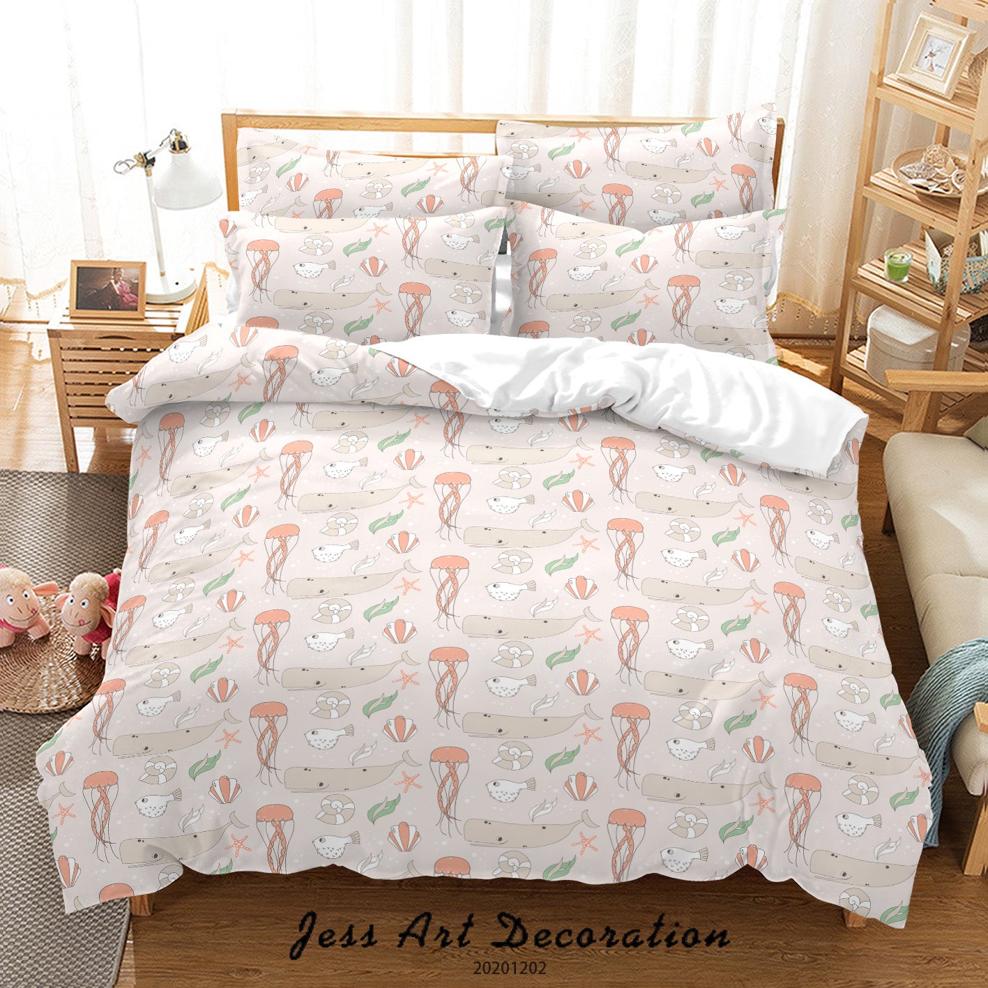 3D Cartoon Ocean Jellyfish Sperm Whale Fish Pattern Quilt Cover Set Bedding Set Duvet Cover Pillowcases Lxl