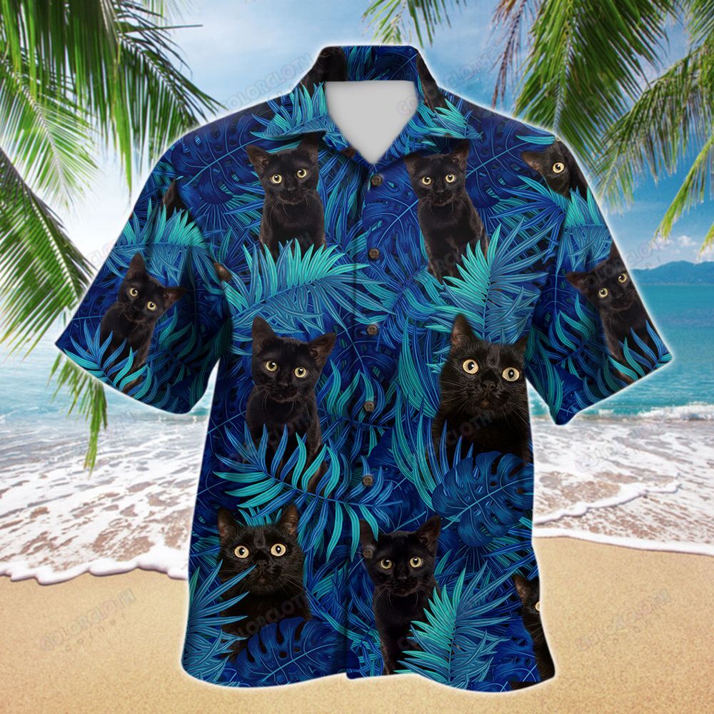 Black Cat Dark Blue Hawaiian Shirt Ha75772