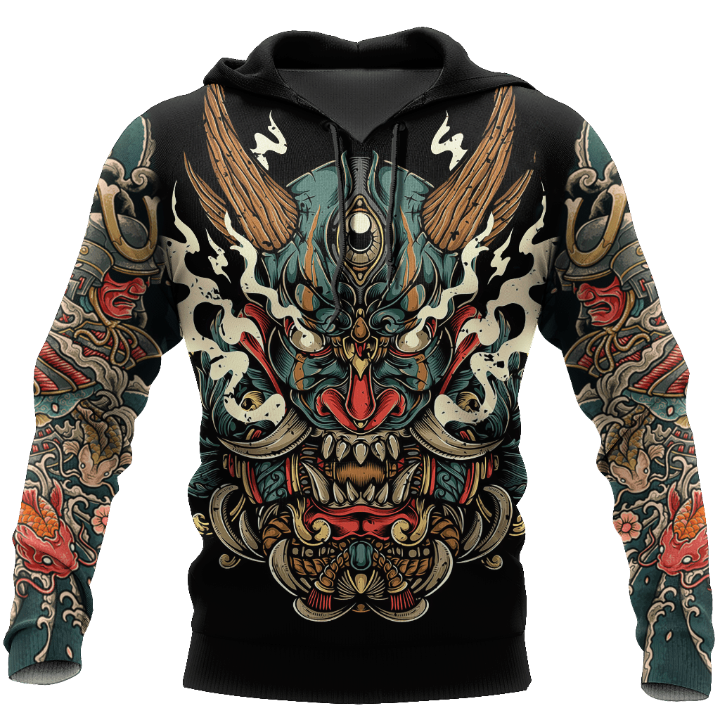 Demon Oni Mask Samurai Black Hoodie 3D – TCshirt