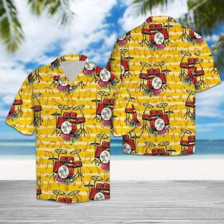 Get Here Drum Yellow Tropical Hawaii Aloha Shirts Ha87568