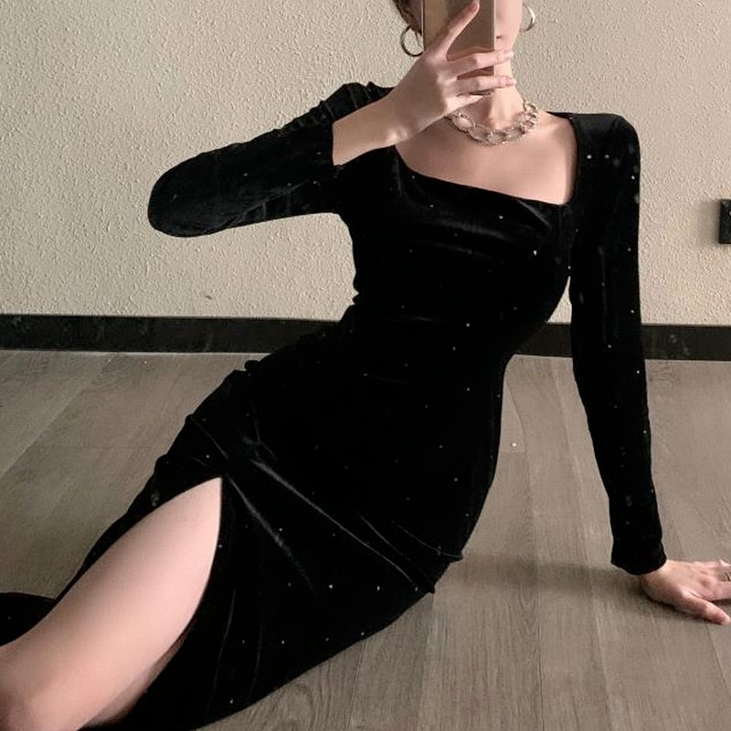 Black Velvet Long Dress Women Elegant Vintage Square Collar Long Sleeve Dress Korean Sexy Casual Evening Party Dress 2021 Autumn alx