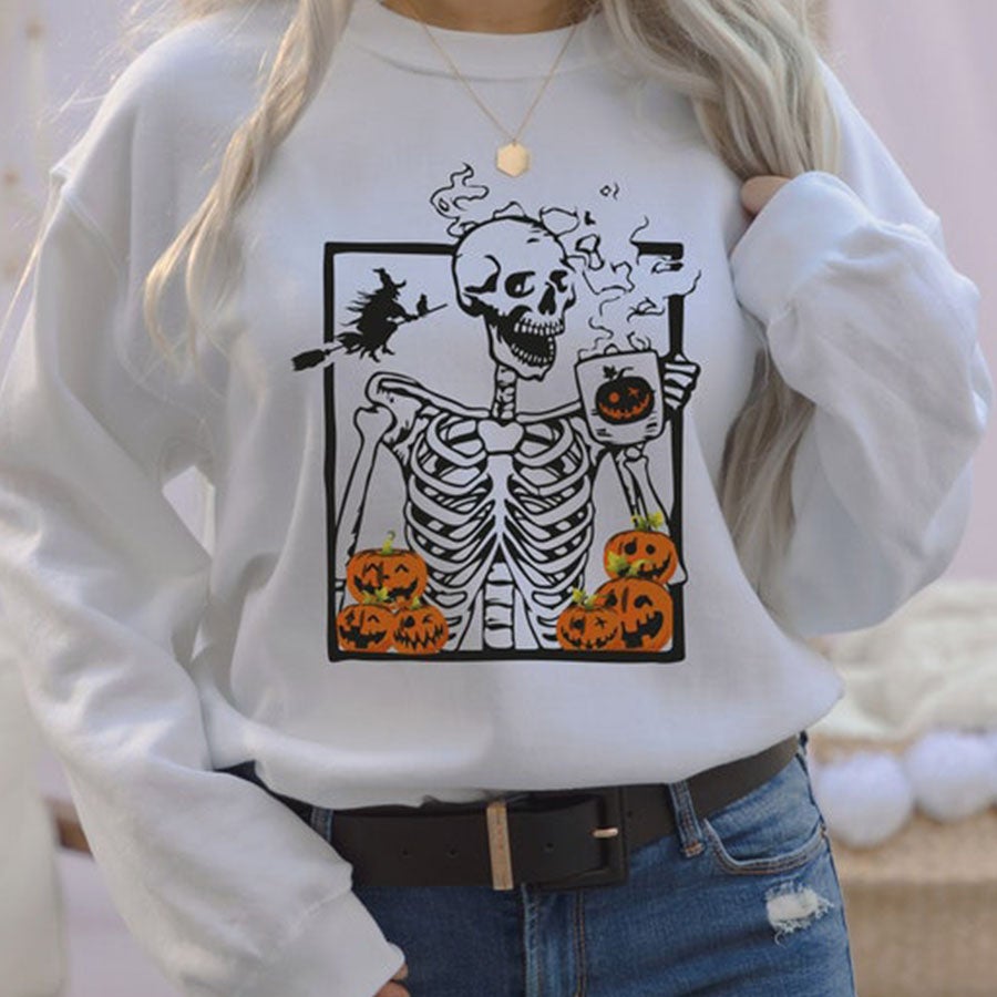 Halloween Pumpkin Skull Sweatshirt, Hot Coffee Skeleton Shirt, Skeletons Happy Halloween, Unisex Sweatshirt, Halloween Shirt,Skull Halloween