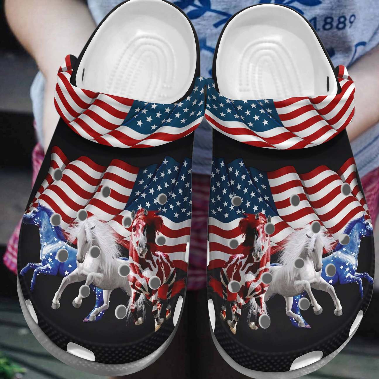 Horse Personalized Clog, Custom Name, Text, Color, Number Fashion Style For Women, Men, Kid, Print 3D American Flag Horses