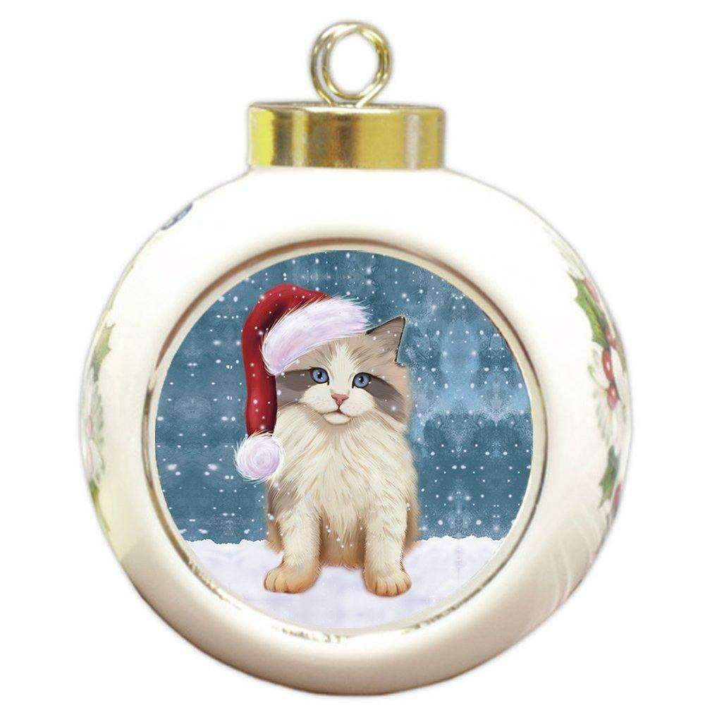 Let It Snow Christmas Holiday Ragdoll Kitten Cat Wearing Santa Hat Round Ball Ornament D231