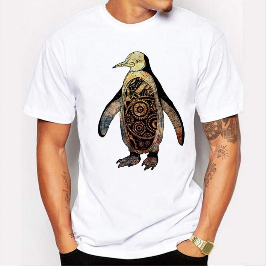 Men’s Summer Tattoo Penguins Print T-Shirt Men Animal Short Sleeve O-Neck Hipster Casual Top