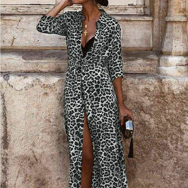 Casual Leopard Print Long Sleeve Chiffon  Vintage Dress