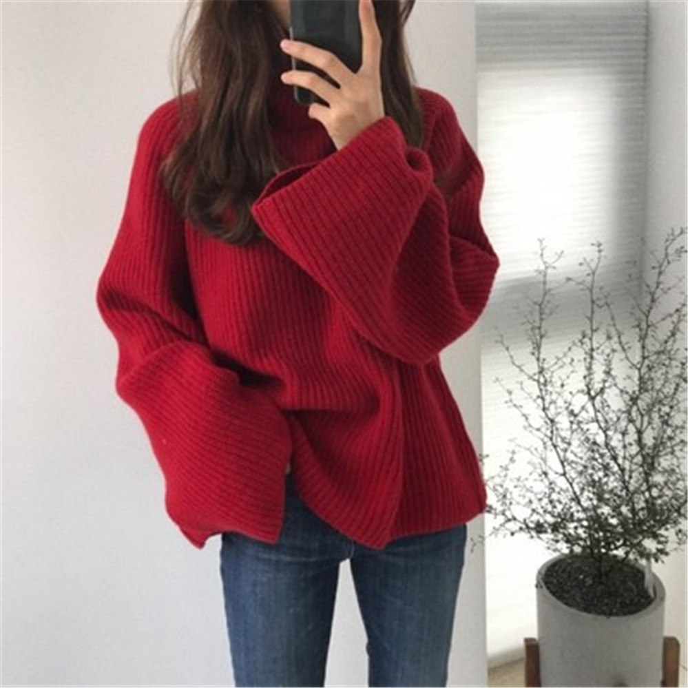 2021 Korean New Turtleneck Sweater Thickening Solid Knitted Winter Women Flare Sleeve Fashion Leisure Outwear Red Loose Simple alx