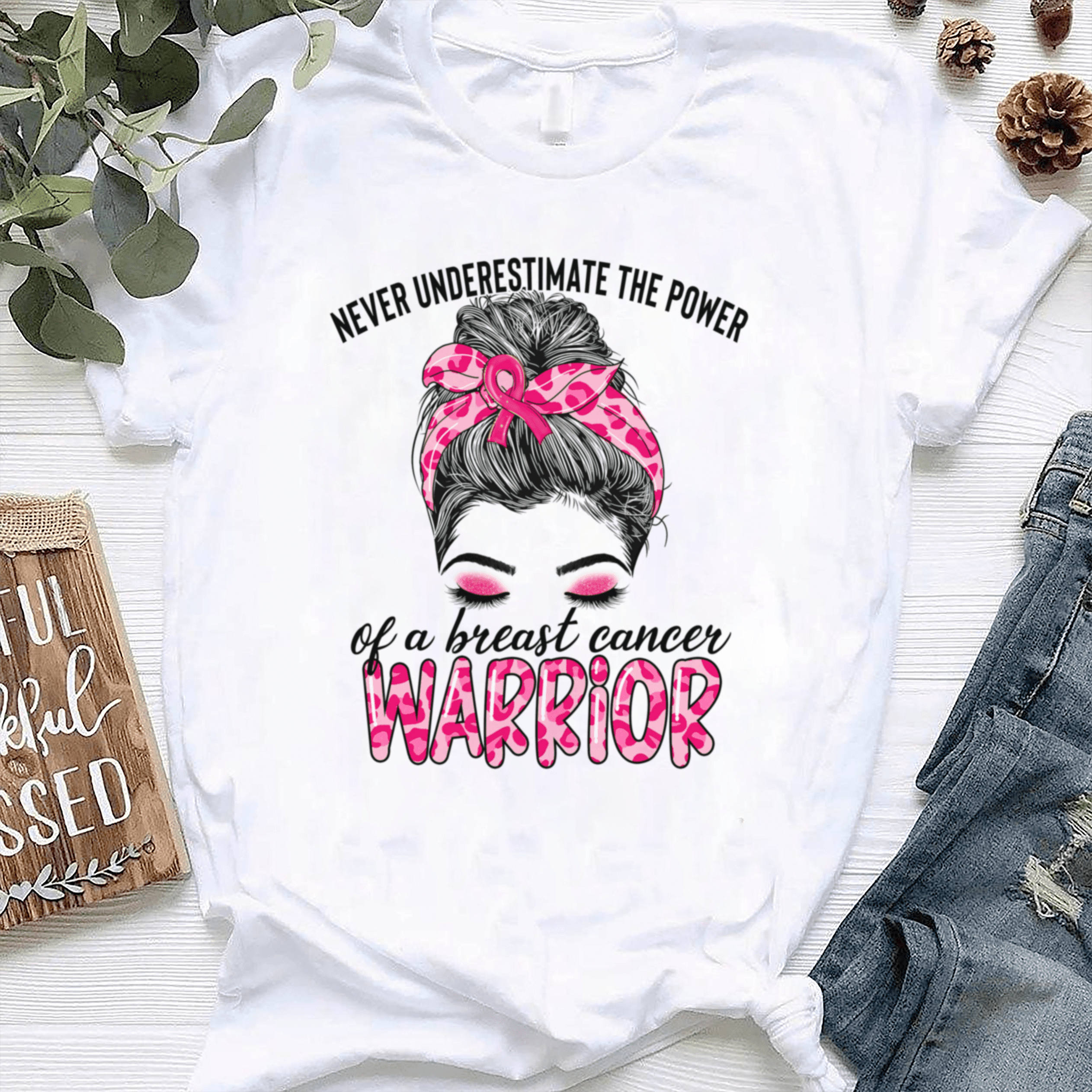 Breast Cancer Awareness T-Shirt For Girl Women Leopard Pink Ribbon Messy Bun Shirt For Cancer Support Inspirational Gift