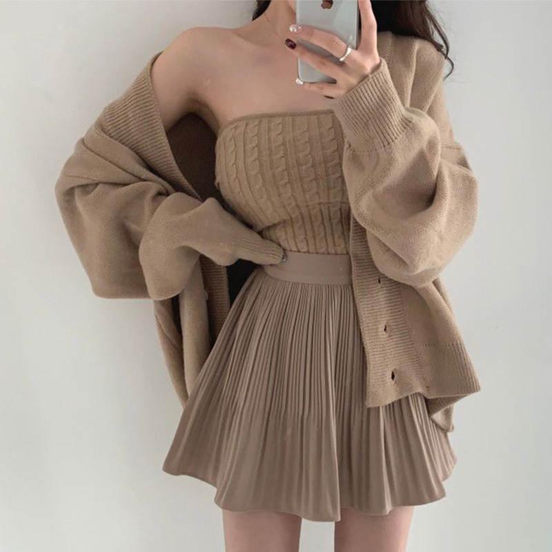 V Khaki Knitting Cardigan Sweater Twist Camisole Strapless Tops High Mini Pleated Skirt Winter 3 Piece Sets Women Jacket alx