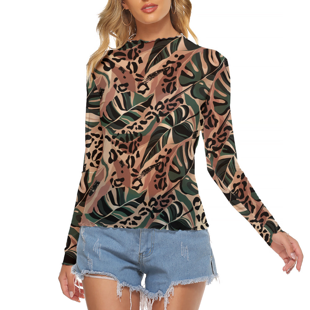 Banana Leaves Leopard Long Sleeve Mesh T-Shirt