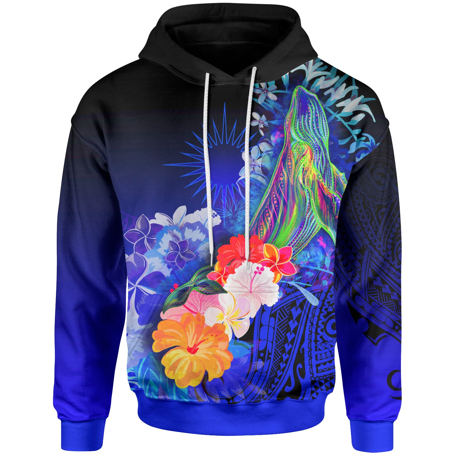 Marshall Islands Hoodie – Humpback Whale with Tropical Flowers (Blue)- BN18