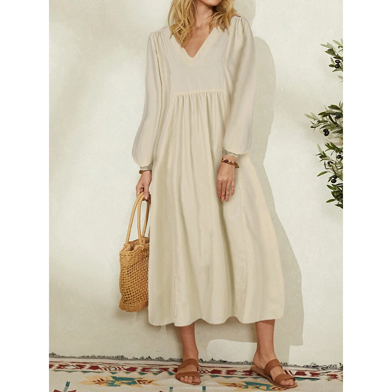 Spring and Summer New Solid Color Fashion Women’s V-neck Cotton Linen Loose Lantern Sleeve Dress Commuting Leisure Vacation alx