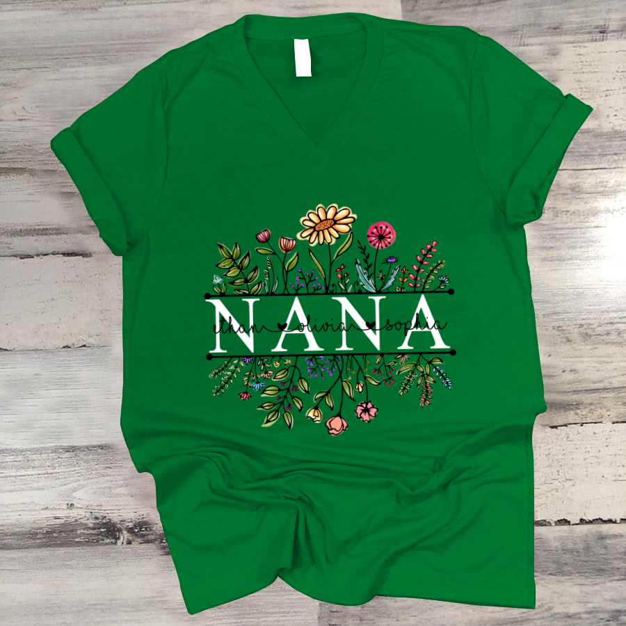 Wildflowers Nana And Grandkids, Grandma Shirt V-Neck