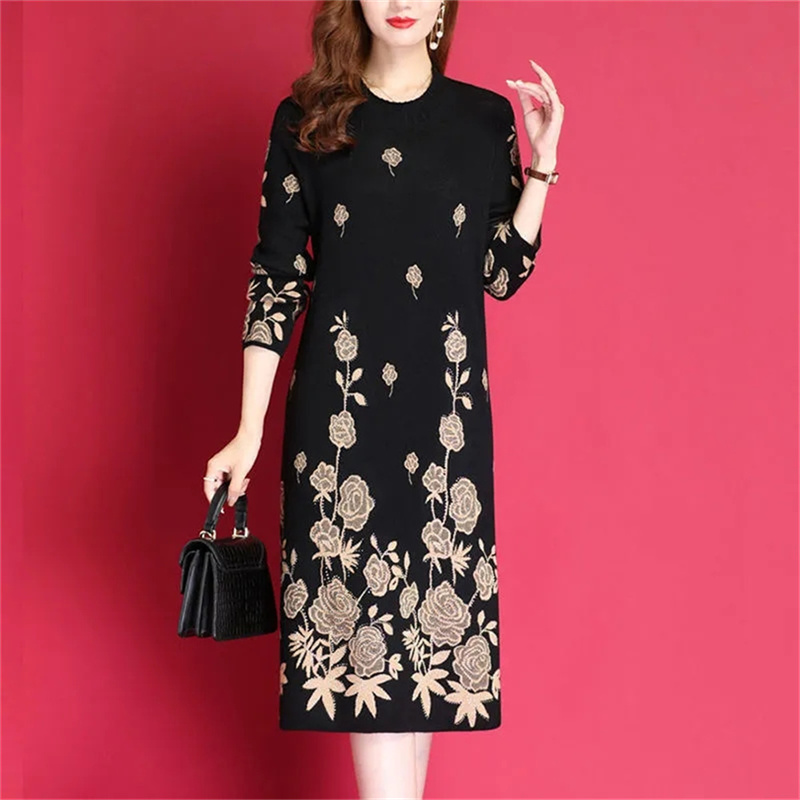 6XL Women Temperament Sweater Dress 2022 Middle-Aged Female Autumn Winter Thick Fat Warm Long Sweater Knit Dress Women pullover alx