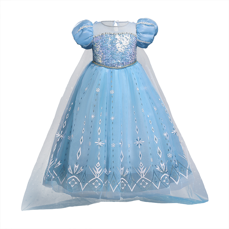 Snow White Princess For Girls Sequined Shoulderless Layered Mesh Costume For Children Elsa Ankle-length Cloak Cosplay Clothes alx