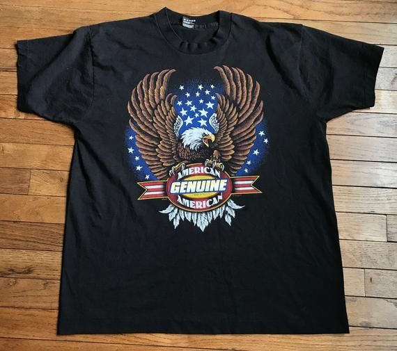 Vintage 80S Genuine American Motorcycles Shirtblack Eagle Eagle Biker Flag Usa Shirt