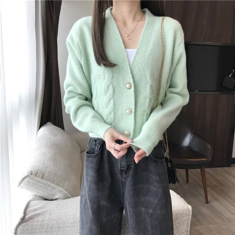 Sweater Oversize Women Autumn Cropped V-neck Adult Standard Lady Knitwear Popular Solid 2021 Purple Korean Style Lovely Cardigan alx