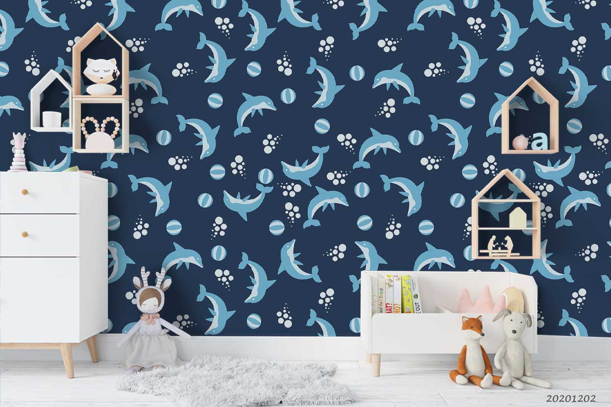 3D Cartoon Hand Drawn Blue Ocean Dolphin Fish Square Pattern Wall Mural Wallpaper Lxl