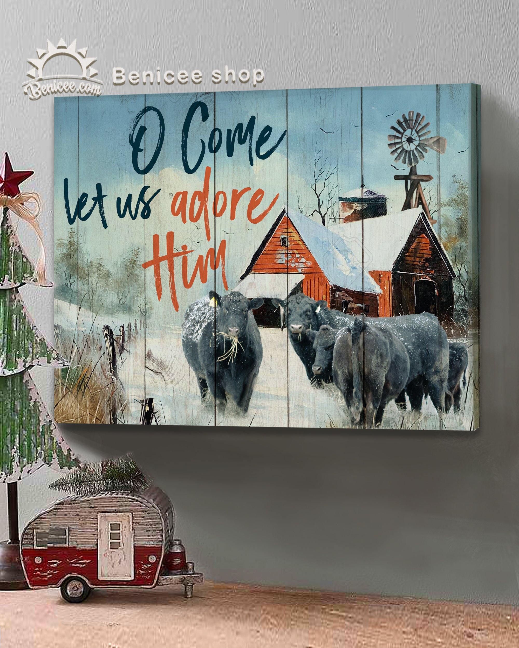 Benicee Farm Christmas Decor Black Angus In Winter – O Come Let Us Adore Him Wall Art Canvas