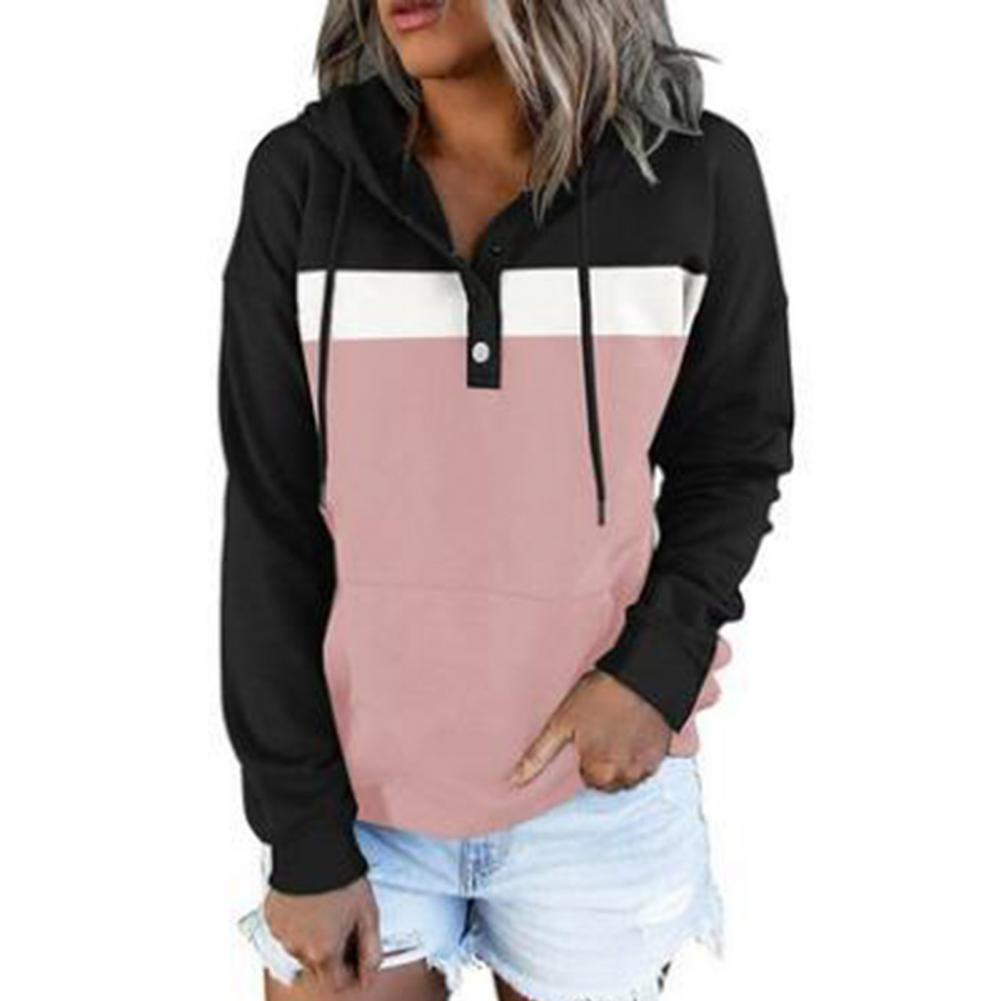 Women Hoodie Big Pocket Contrast Color Polyester Hooded Long Sleeve Autumn Sweatshirt for Daily Wear alx