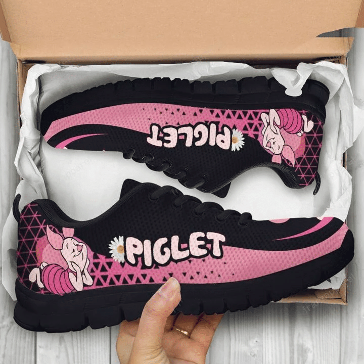 Piglet Winnie-The-Pooh Print Sneakers , Women’S Sneakers, Handmade Crafted Sneaker Black Shoes Birthday Gift Fashion Fly Sneakers