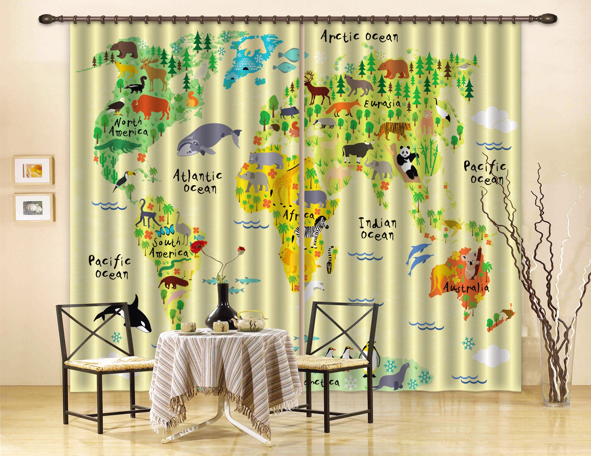 3D Green Animal World Map Curtains And Drapes Lqh A562