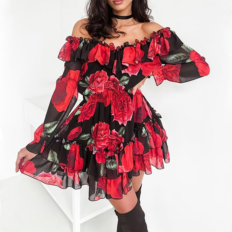 Summer V Neck Floral Print Women Loose Dress Casual Long Sleeve Cascading Ruffle Dress Elegant Lady Colorful Party Holiday Dress alx