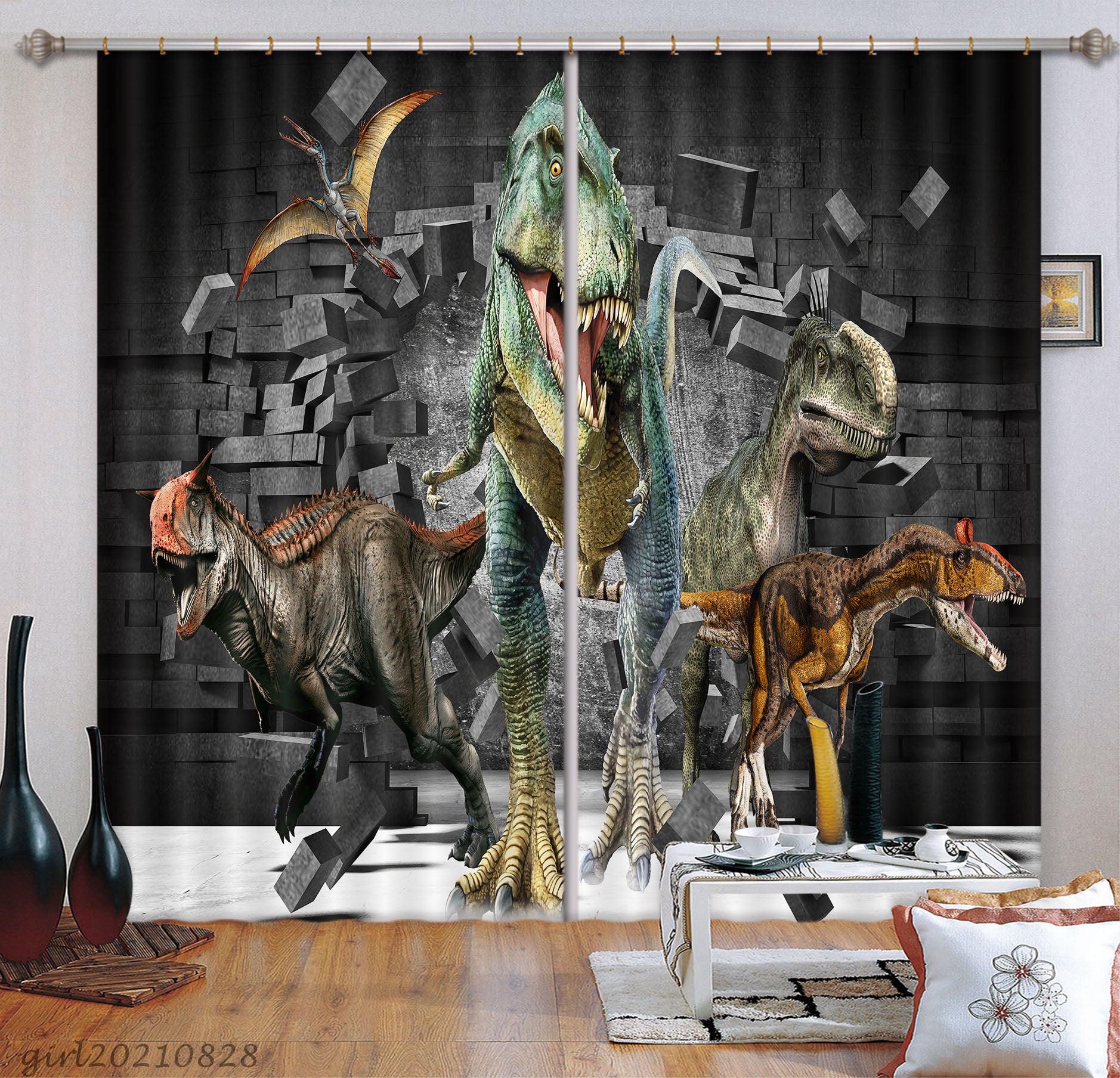 3D Brick Wall Animal Dinosaur Curtains And Drapes Lqh 59