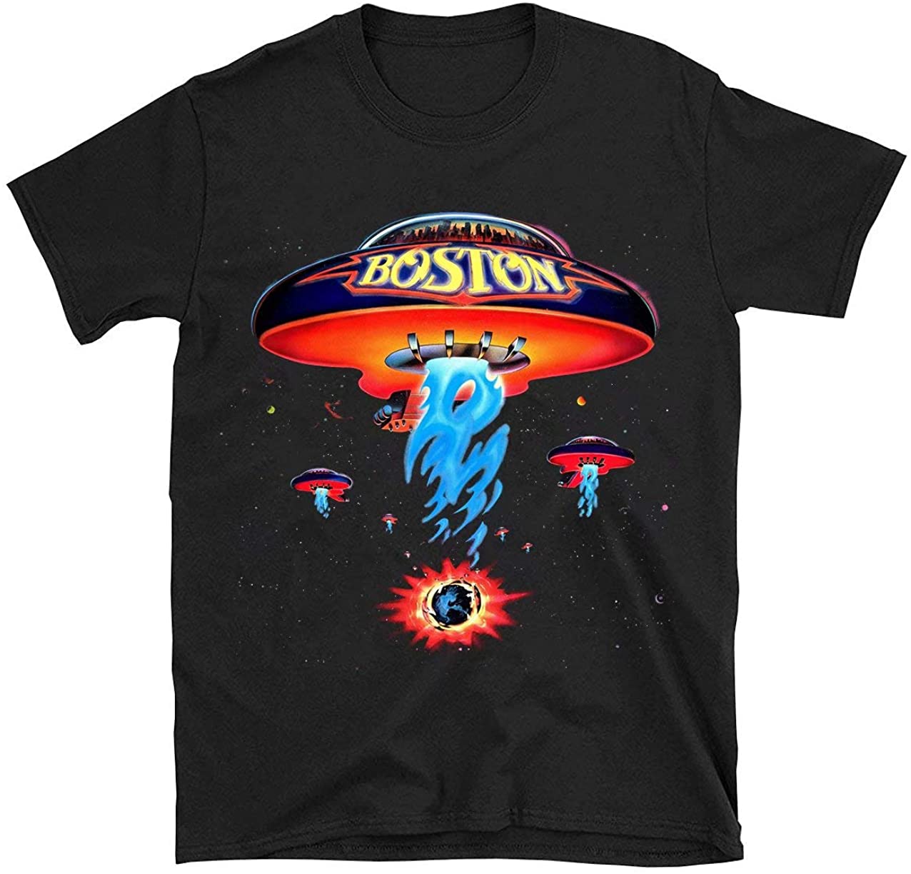 Moc.Deamiarr Boston Band T Shirt For Men Classic Spaceship Rock Band Shirts Black