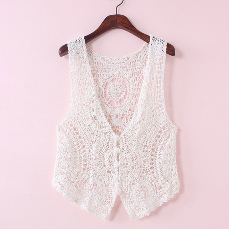 Women’s All-match Sleeveless Hollow Out Tank Top Solid Color Short Knitted Waistcoat Crochet Cardigan Sweater Vest Women Outwear alx