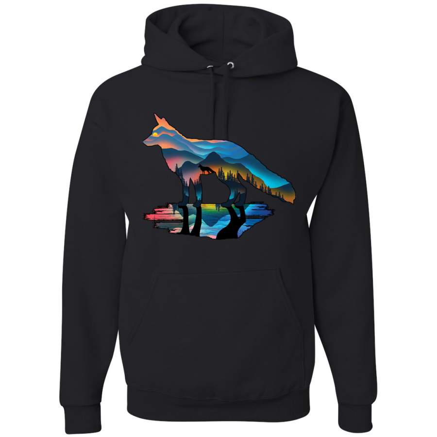 Trippy California Rainbow Neon Wolf Mountain Silhouette Animal Lover Graphic Hoodie Sweatshirt