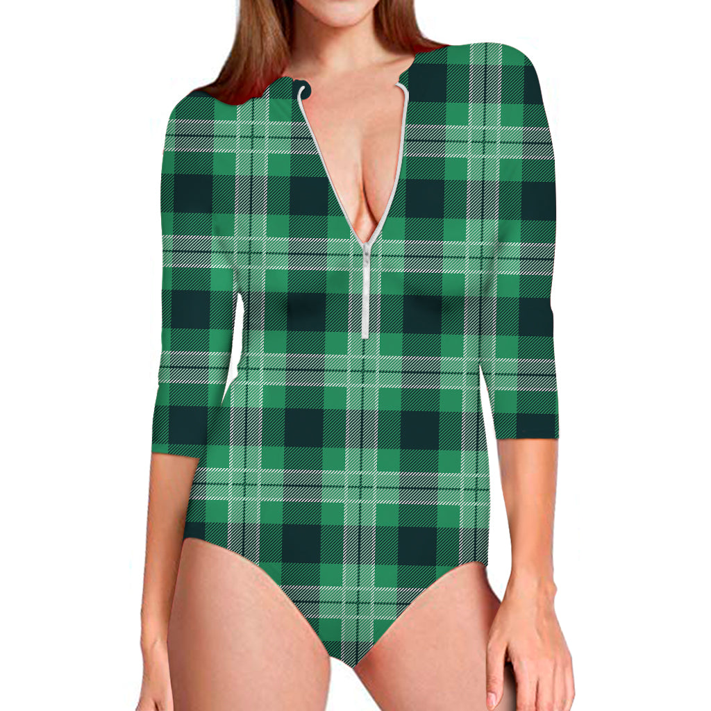 St. Patrick'S Day Tartan Print Long Sleeve One Piece Swimsuit Onlytee