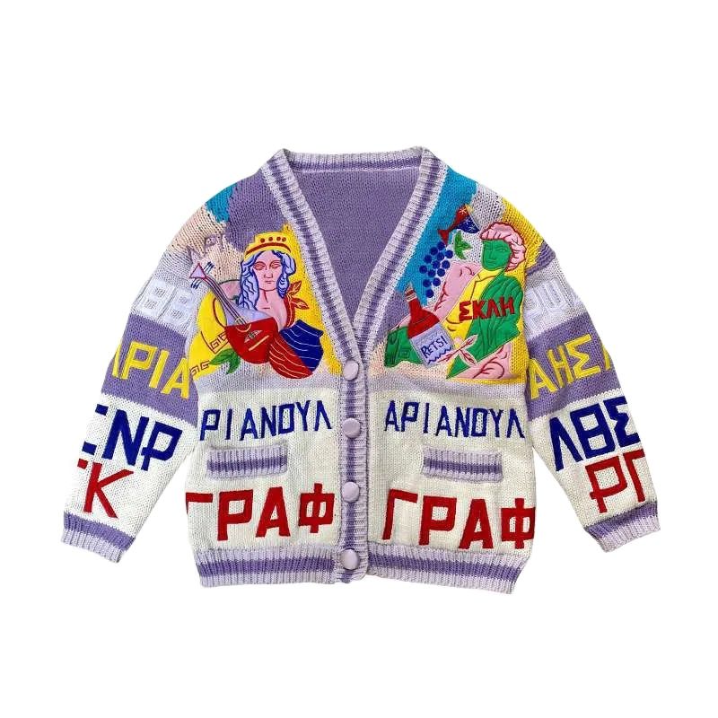 Vintage Cardigan Women’S Sweater Letter Purple White Patchwork Cartoon Embroidery Oversized V-Neck Pocket Buttons Winter Tops alx