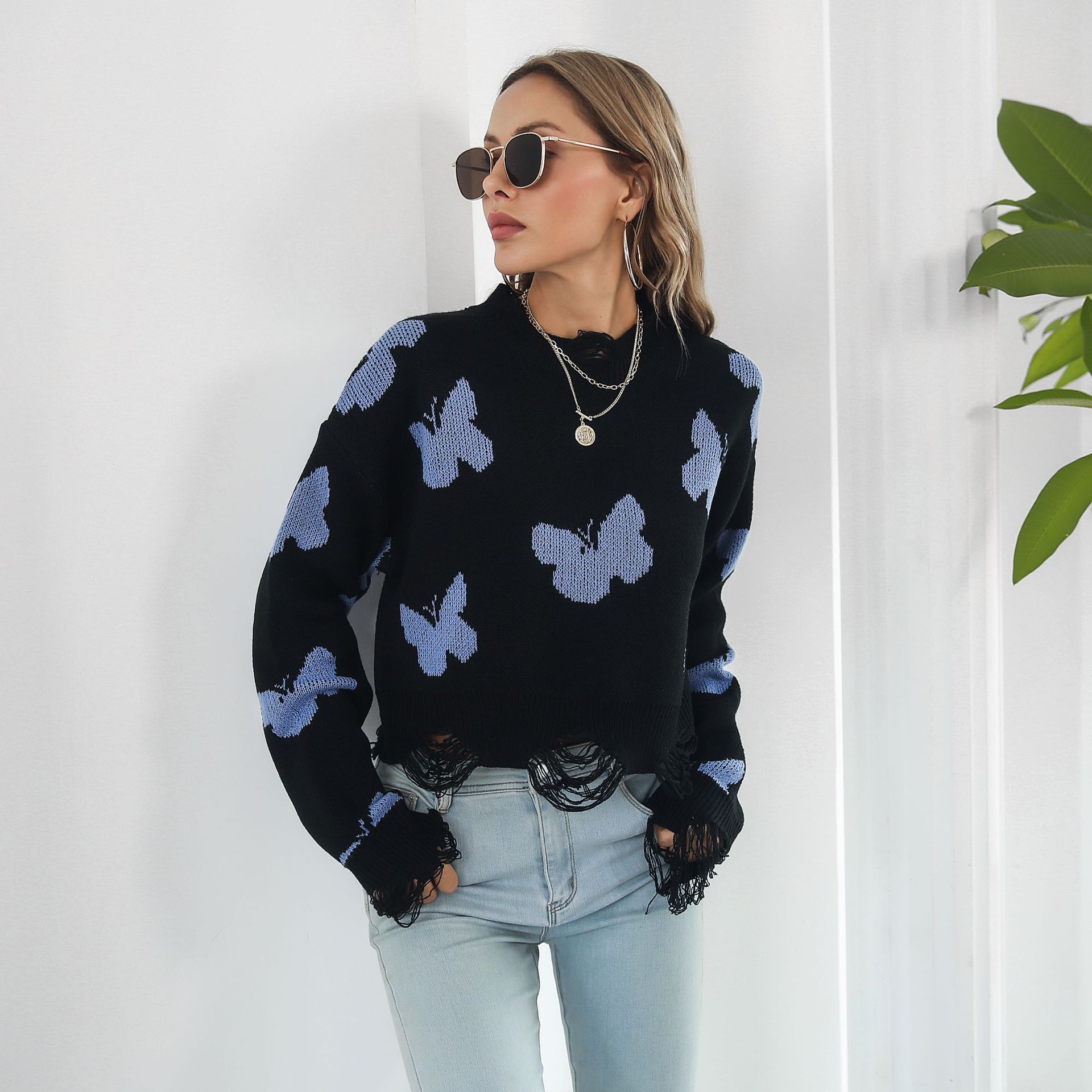 Butterfly Graphic Knitted Sweater New Korean Style Short Sweater Women Oversized Cropped Tops Off Shoulder Casual Loose Jumper Y alx