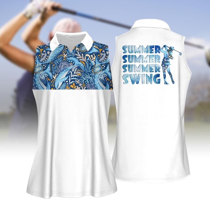 Blue Whale Summer Swing Women Golf Apparel, Women Short Sleeve Polo Shirt, Sleeveless Polo Shirt