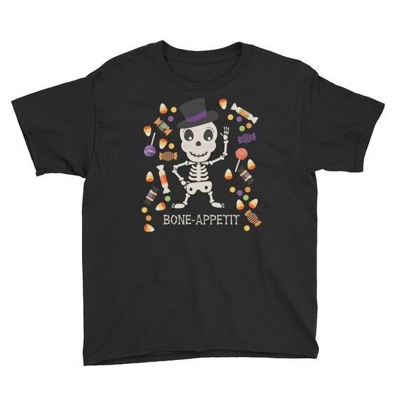 Dancing Skeleton Shirt Kids Youth Short Sleeve Bone Appetit T Shirt with Cute Skeleton Wearing Hat and Surrounded By Candy