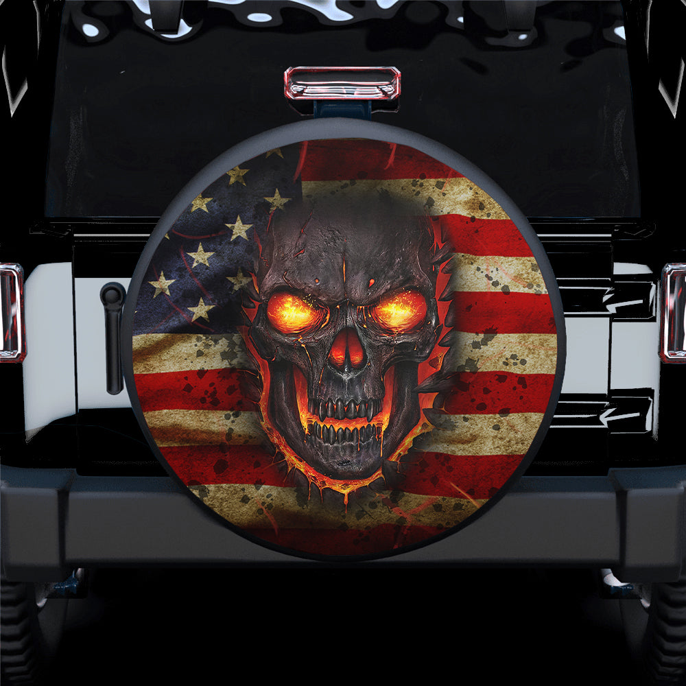 Fire Skull American Flag Jeep Car Spare Tire Cover Gift For Campers