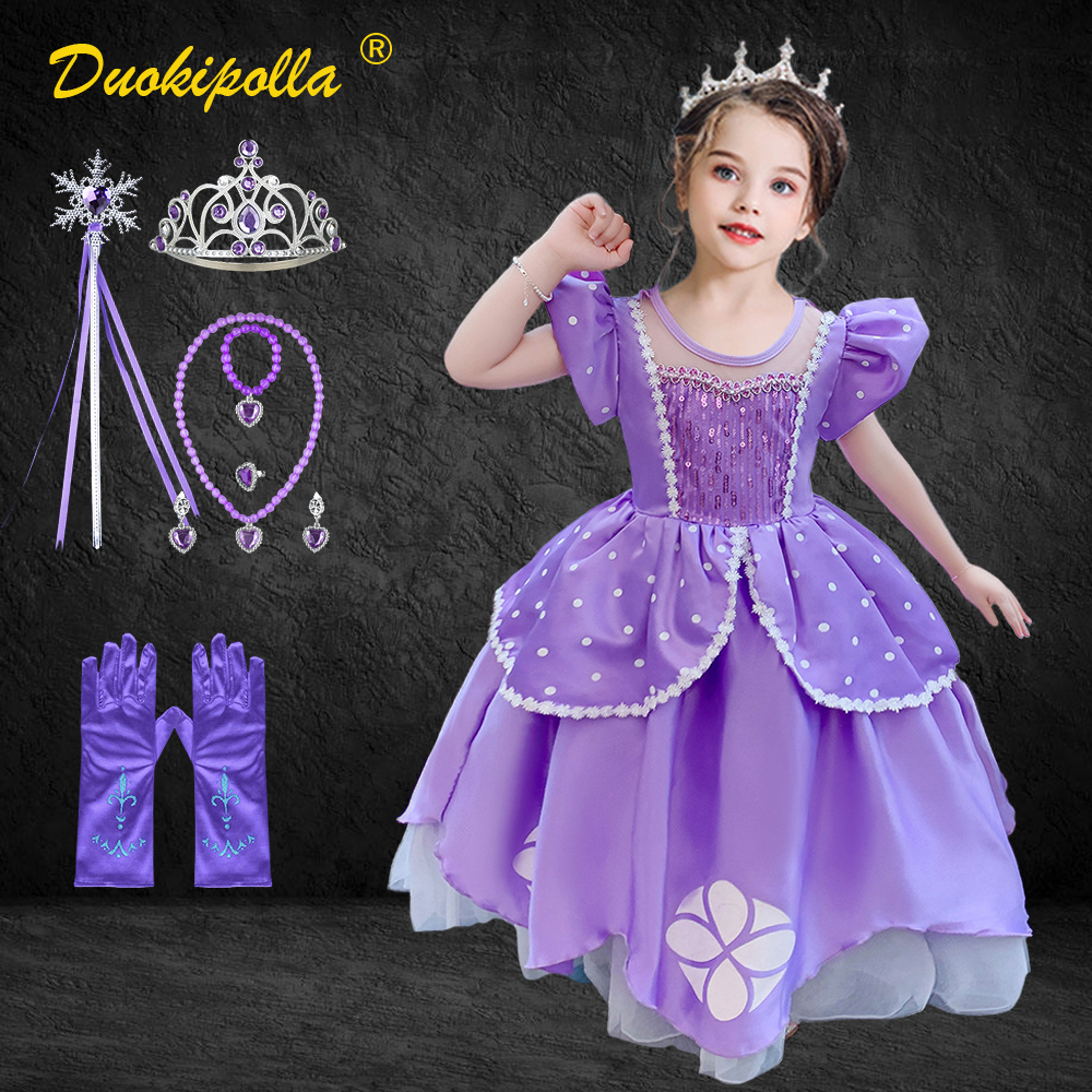 2021 Children’s Party Purple Puff Sleeve Sofia Dress Halloween Masquerade Princess Sophia Cosplay Costume Fairy Frock for Girls alx