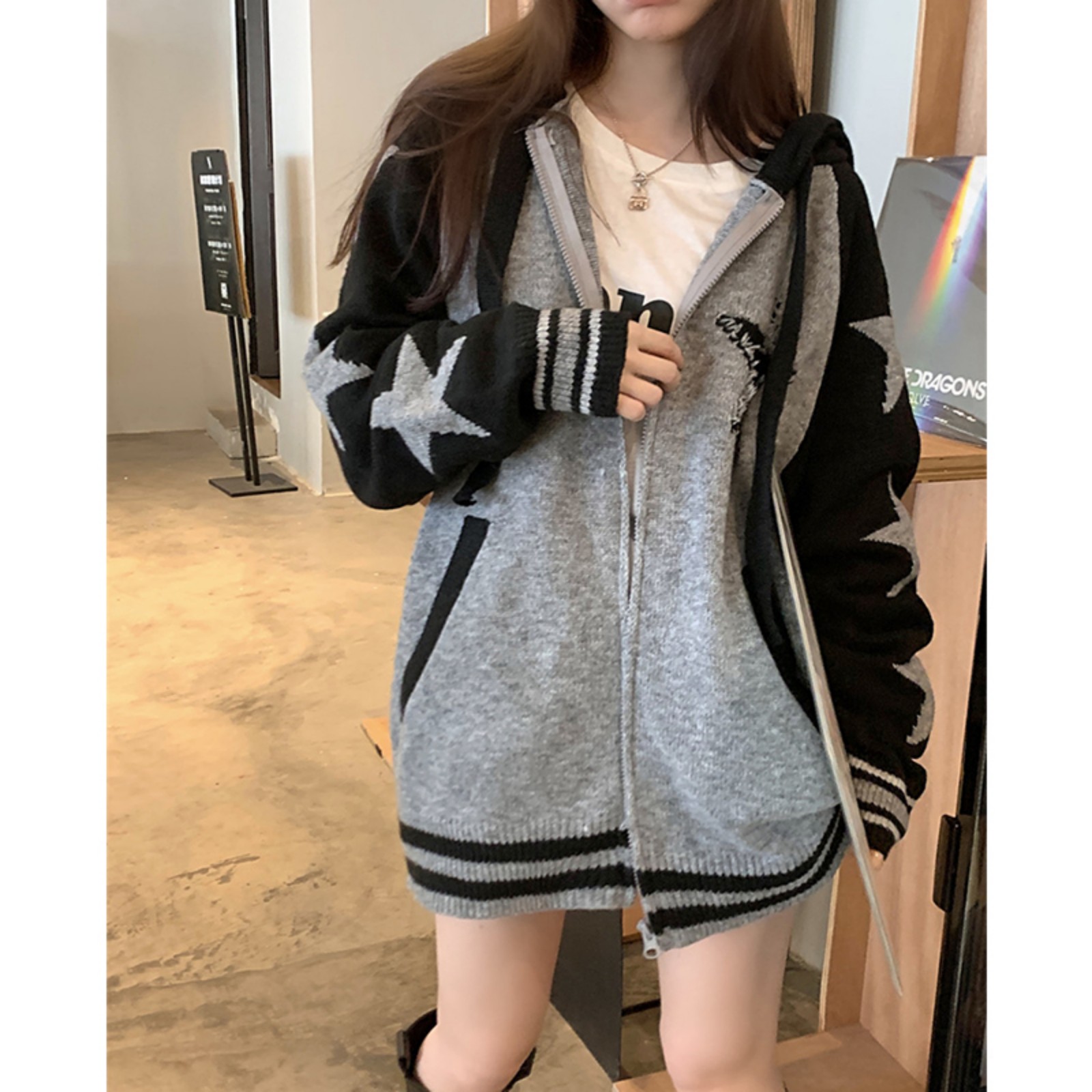 T-TOP Drawstring Tie Up Design Knitted Hoodies Women 2022 Autumn Loose Casual Knitwear Zipper Retro Print Sweater BF Style alx