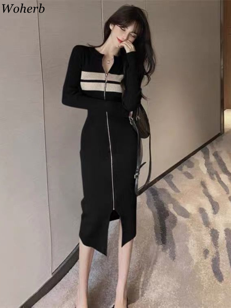 Woherb Sexy Long Sleeve Knitted Dress Women Slim Temperament Elegant Elastic Y2k Bodycon Vestido Midi Long Zipper Dresses Korean alx