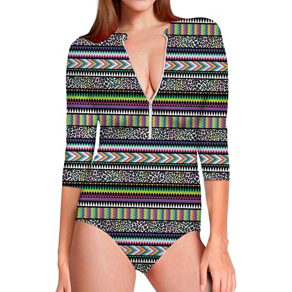 Colorful Leopard Navajo Tribal Print Long Sleeve One Piece Swimsuit