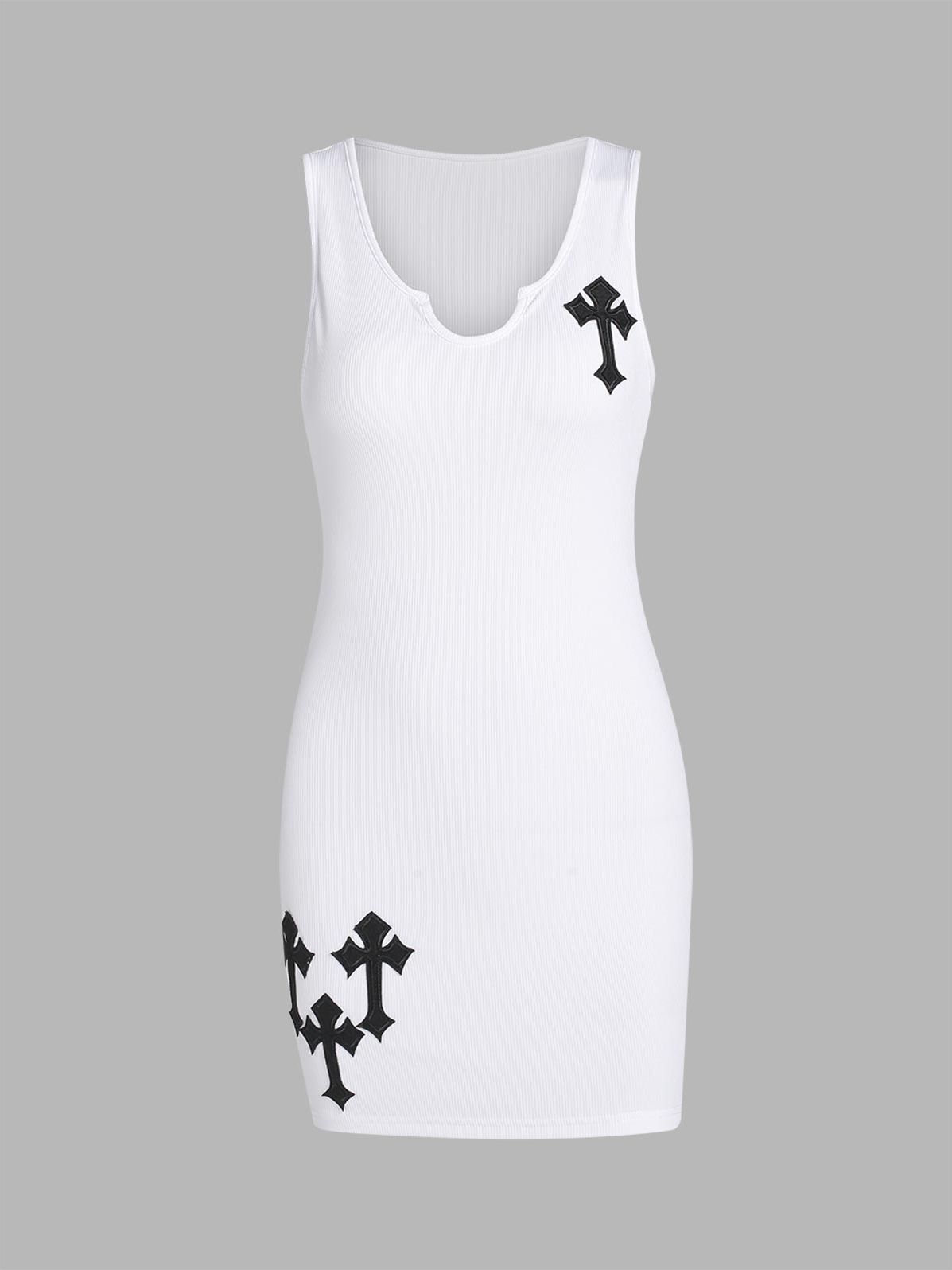 ZAFUL Cross Embroidered Ribbed Racerback Tank Dress Halloween Party Costumes Mini Dresses alx