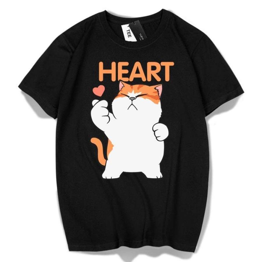 Fashion Mens T Shirt Funny Love Heart Cat  Printed Tee Cotton Shirts  Short Sleeves Shirts Womens Casual Summer Tops Cute Shirts Couples Shirts