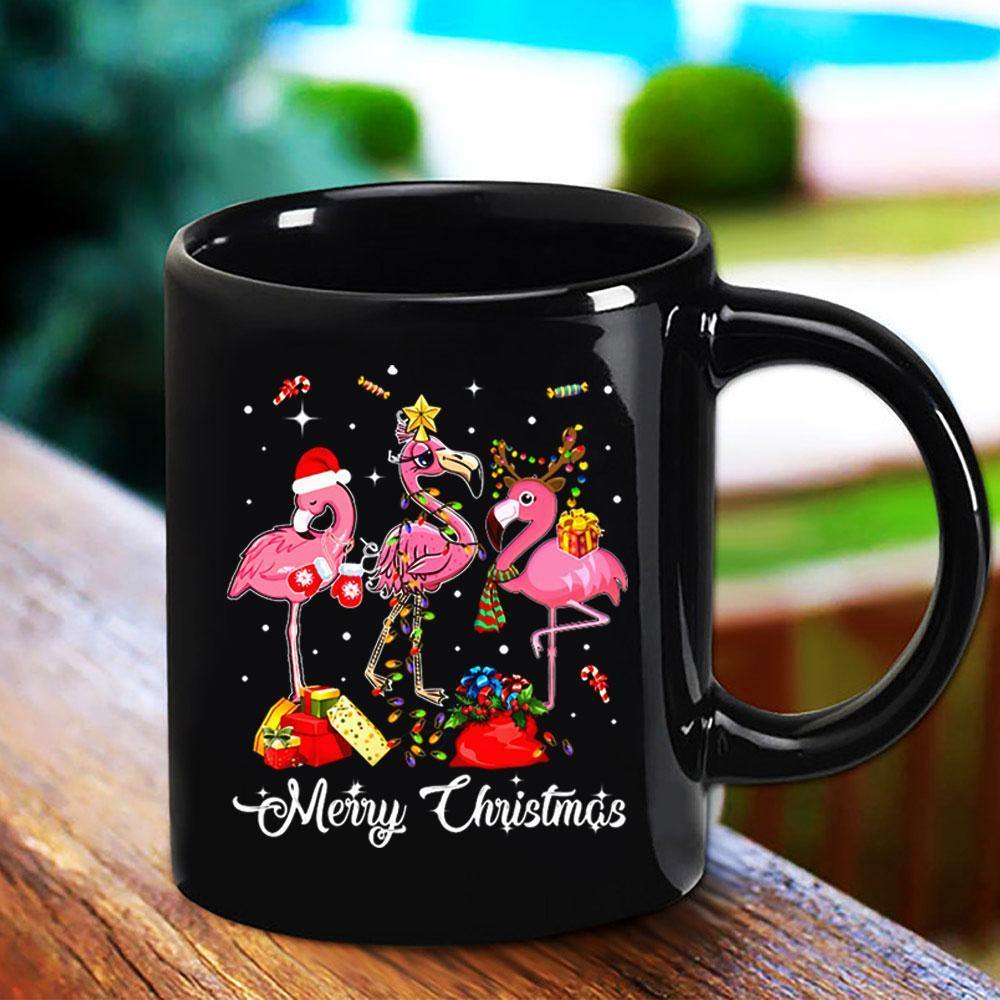 Christmas Cute Flamingo Merry Christmas Colorful Light Santa Hat Candy Cane Gift Black Mug