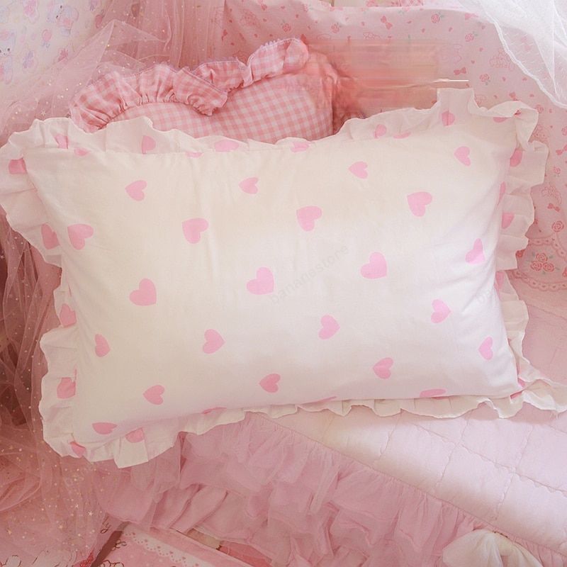 48X74Cm  Pink Twin Heart Rabbit Pillow Case Cover Cotton Hairball Ruffle Pillowcase Girl Cute Bedding Toy Home Decor